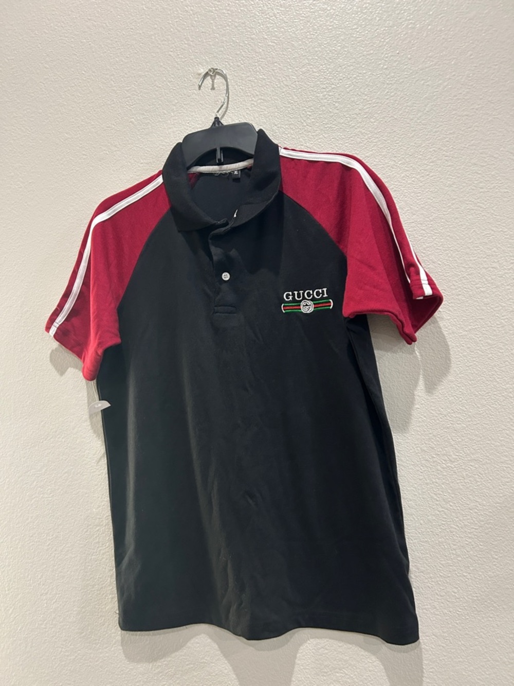 Gucci Black Polo with Red Raglan Sleeves and White Stripes